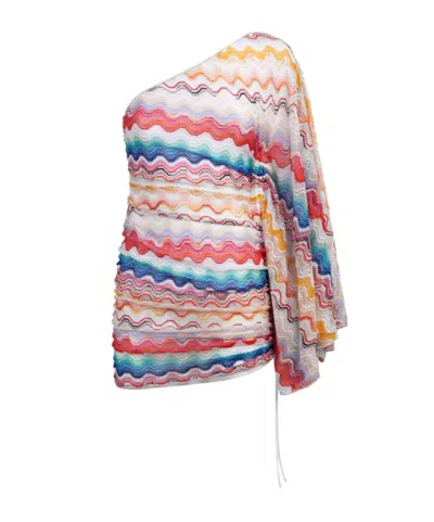 Missoni One-shoulder Cover Up Dress In Wave Motif Crochet In Multicolor White Base