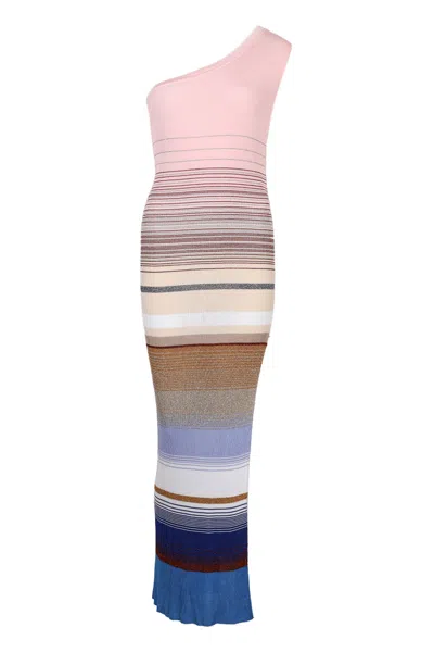 Missoni One Shoulder Dress In Striped Ribbed Knit With Lurex Blue And Pink In Multi