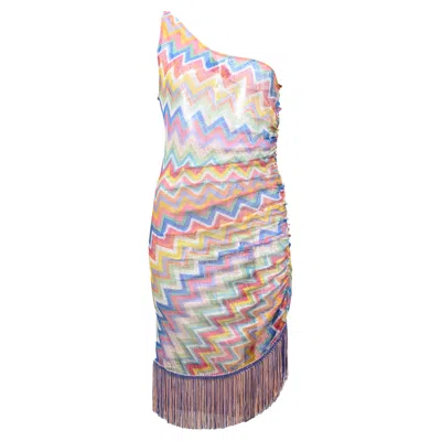 Missoni One-shoulder Fringed Crochet-knit Mini Dress In Multicolor Polyester
