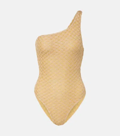 Missoni One-shoulder Lamé Swimsuit In Nude