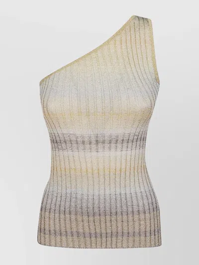 Missoni One-shoulder Metallic Striped Ribbed Top In Beige