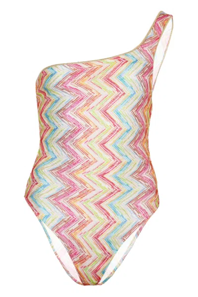 Missoni One Shoulder One Piece Swimsuit In Printed Tulle In Multi