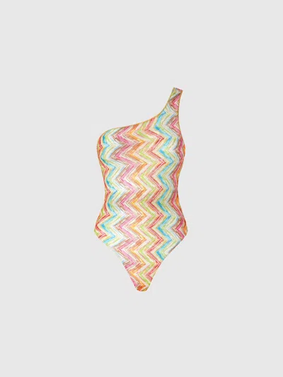 Missoni One-shoulder One-piece Swimsuit In Printed Tulle In Pink