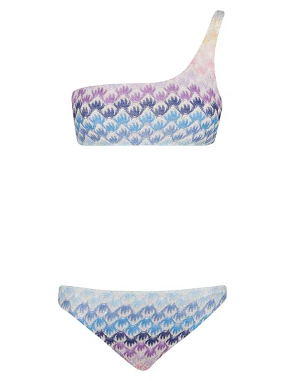 Missoni One-shoulder Pattern Printed Bikini Set In Blue
