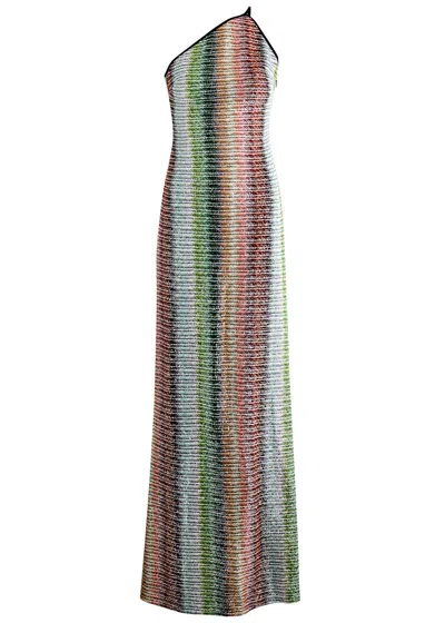 Missoni One Shoulder Maxi Length Striped Ribbed Dress In Multicolour
