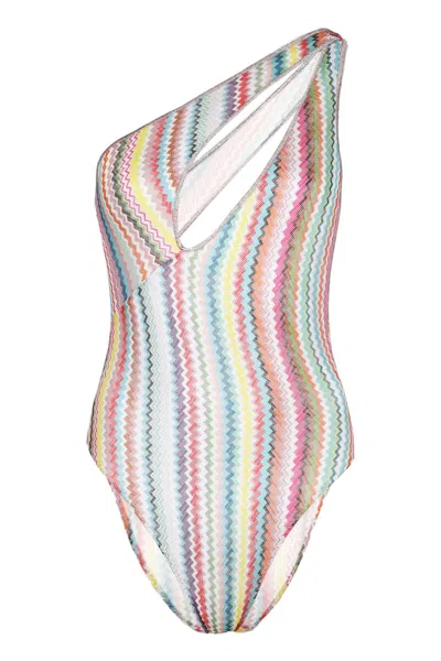 Missoni One Shoulder Swimsuit Lame In Zigzag Pattern Multicolor
