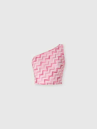 Missoni One-shoulder Viscose-blend Tulle Top With Slub Zigzag In White,pink