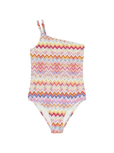 Missoni Kids' One-shoulder Zig-zag Swimsuit In Multi