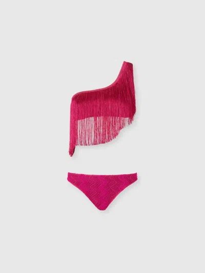 MISSONI ONE-SHOULDER-BIKINI AUS ZICKZACK-LAMÉ AUS VISKOSE MIT FRANSEN