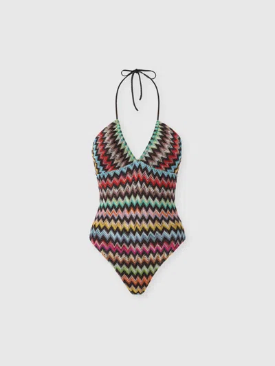 Missoni One-piece Swimsuit In Lamé Viscose With Micro Zigzag Pattern In Brown