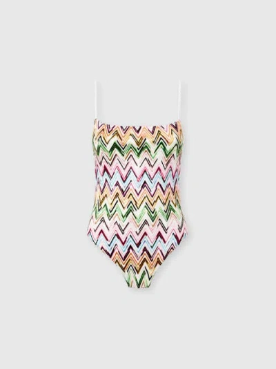 Missoni One-piece Swimsuit In Stretch Viscose With Lace And Zigzag Pattern In Multi