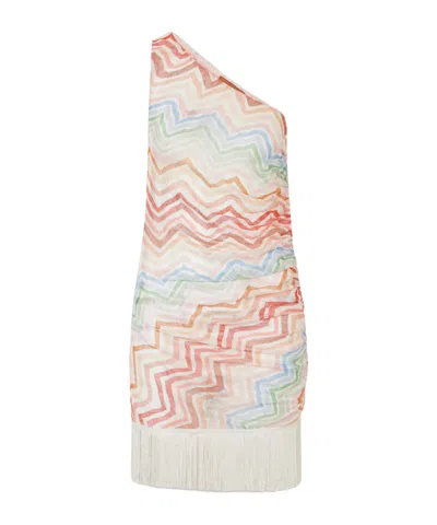 Missoni One-shoulder Fringed Striped Crochet-knit Mini Dress In Multi