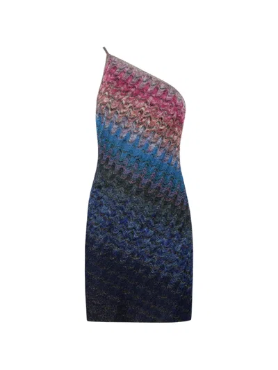 Missoni One-shoulder Zigzag-knit Dress In Blue