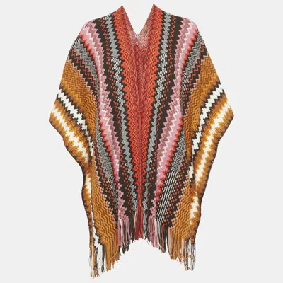 Pre-owned Missoni Orange Zigzag Knit Fringed Poncho One Size