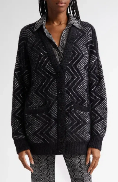 Missoni Oversize Sequin Embellished Zigzag Cardigan In Base Black And Zigzag White