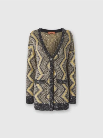 Missoni Oversized Cardigan With Macro Zig Zag And Sequins In Black,gold
