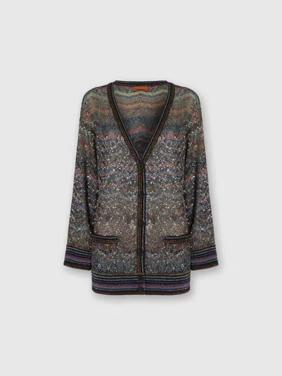 Missoni Oversized V-neck Cardigan With Zigzag Pattern In Brown