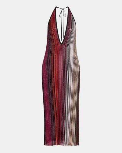 MISSONI PAILLETTE STRIPED PLUNGING HALTER MIDI DRESS