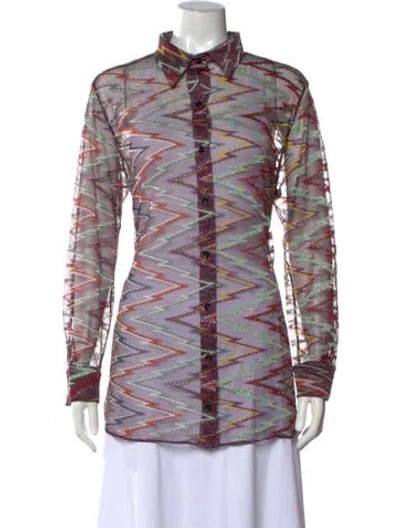 Pre-owned Missoni Patterned Long Sleeve Button-up Top In Metallic/purple