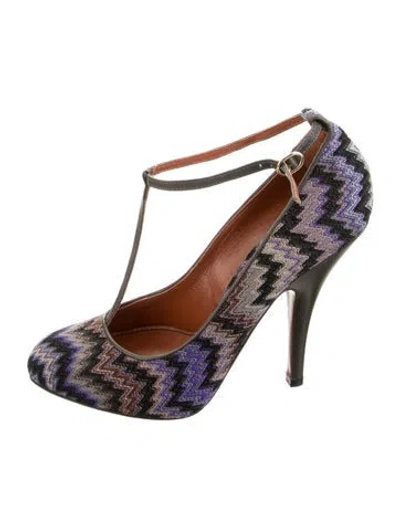 Pre-owned Missoni Patterned T-strap Pumps In Purple