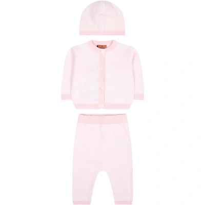 Missoni Babies' 人字纹条纹棉套装（三件装） In Pink