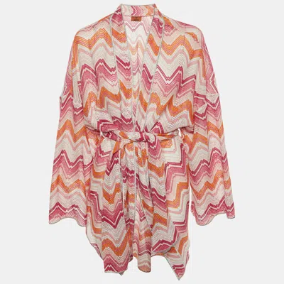 Pre-owned Missoni Pink Chevron Lurex Knit Belted Cardigan M