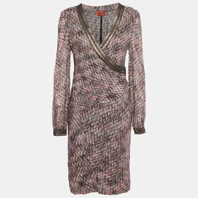 Pre-owned Missoni Pink Patterned Lurex Knit Faux Wrap Midi Dress L