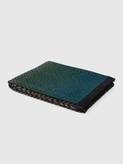Missoni Plaid Blanket 135x195 Cm Chevron Wool Blend With Fringes In Black