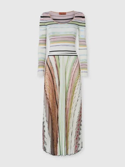 Missoni Pleated Mixed Flame Viscose Long Dress In Multi