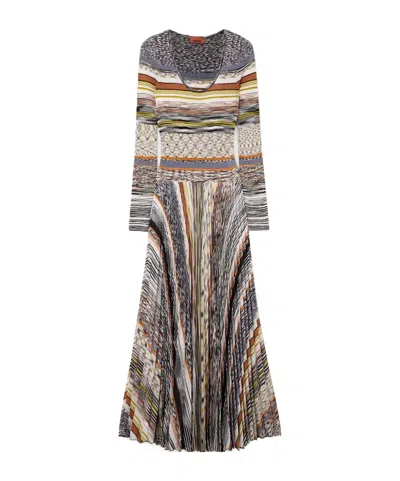 Missoni Pleated Striped Knitted Midi Dress In Gray