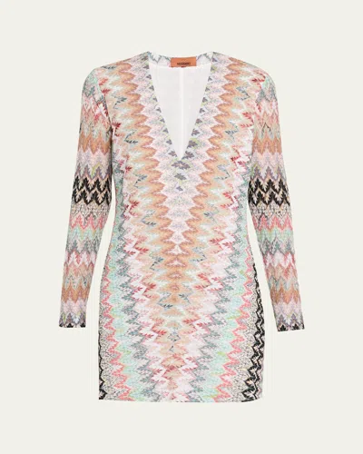 Missoni Plunging Metallic Zigzag Long-sleeve Mini Dress In Gray