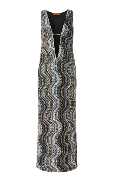 Missoni Plunging Neckline Caperdoni-knit Maxi Dress In Multi