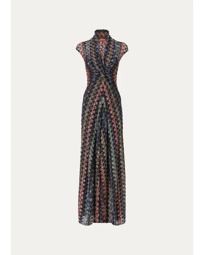 Missoni Plunging Twisted Metallic Lace Knit Maxi Dress In Multi
