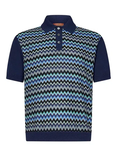 Missoni Short-sleeved Blue Cotton Knit Polo Shirt Wit