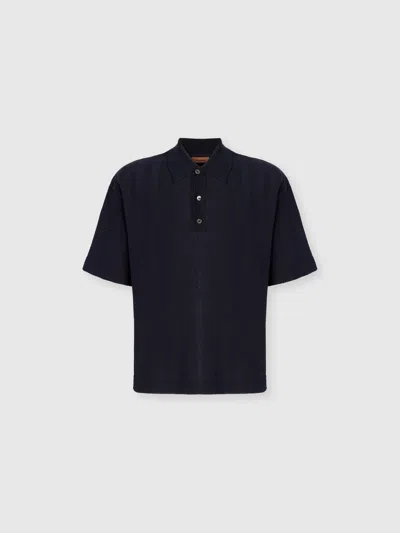 Missoni Cotton And Viscose Polo Shirt With Tone-on-tone Zigzag In Blue