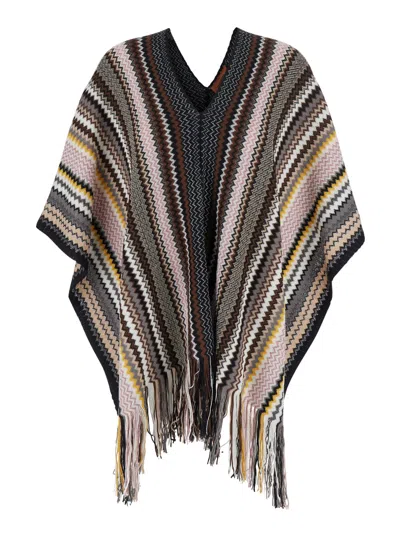 Missoni Multicolor Cape With V Neck And All-over Zigzag Motif In Wool Blend Woman