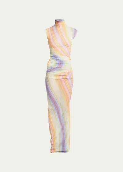 Missoni Printed High-neck Tulle Ruched Maxi Dress In Sm9e3-mlwhtorngrn
