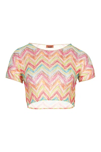 Missoni Mare Cropped Striped Metallic Crochet-knit Top In Orange