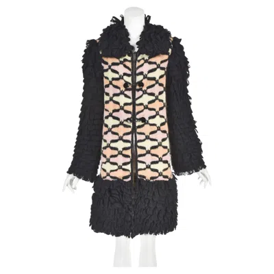 Pre-owned Missoni Rare Vintage 1970s Fringed Wool & Mohair Knit Toggle Coat, Sz Sm In Black