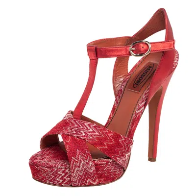 Missoni Red/white Knit Fabric And Leather T-bar Platform Ankle-strap Sandals