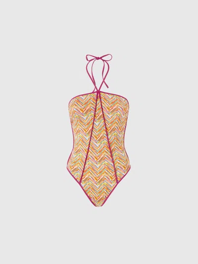MISSONI WENDBARER BADEANZUG MIT PRINT UND KONTRASTIERENDEN PASPELN