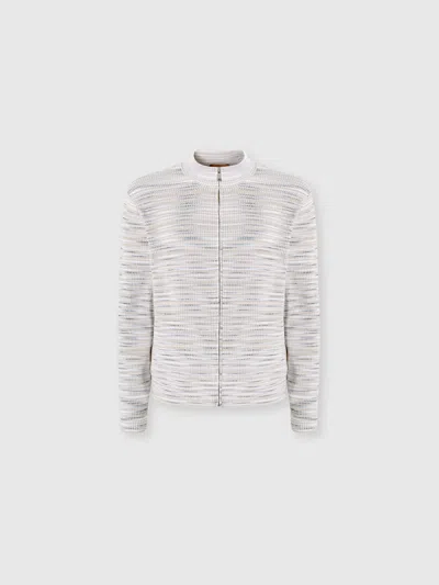 Missoni Ribbed Cotton Cardigan With Mock Neck And Flamed Texture In White