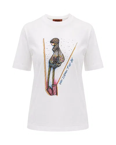 Missoni Ribbed Crew Neck Colorful Illustrated Print Cotton T-shirt In White