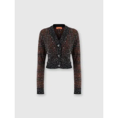 Missoni Ribbed Cropped Cardigan With Sequins And V-neck In Black Multicoloured
