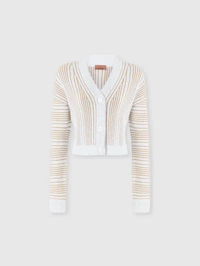 Missoni Ribbed Cropped Cardigan With Sequins And V-neck In White,beige