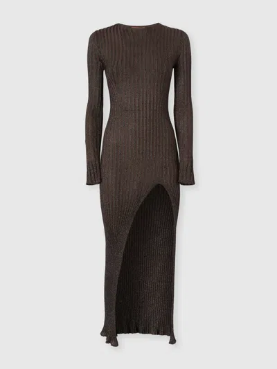Missoni Ribbed Long Dress With Slit In Brown