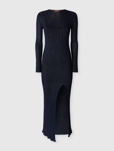 Missoni Ribbed Long Dress With Slit In Blue