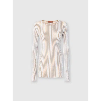 Missoni Ribbed Mini-dress With Sequins And Long Sleeves In White,beige