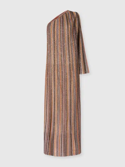 Missoni Ribbed One-shoulder Viscose Lamé Gown In Brown