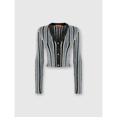 Missoni Ribbed Ribbed Crop Cardigan With Sequins In Black,light Blue